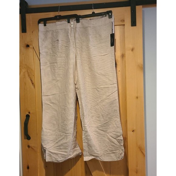 NWT Lane Bryant Size 26 Wide Leg Pants Pinstriped Linen Rayon Beige Pleats 50x33 - Picture 1 of 13